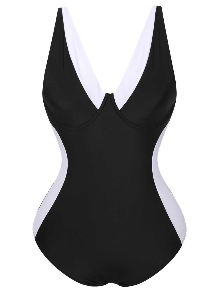 [Plus Size] Black 1930s Contrast One-Piece Swimsuit