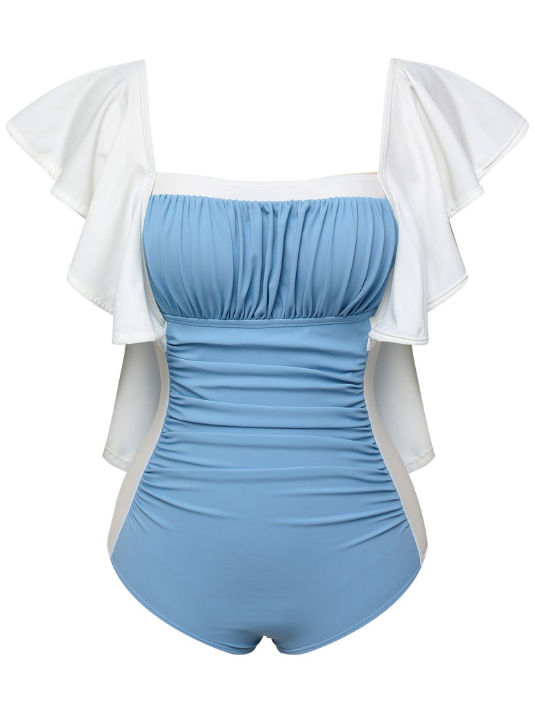 Light Blue 1960s Backless One-piece Swimsuit