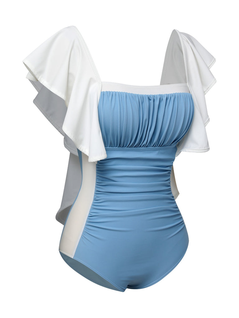 Light Blue 1960s Backless One-piece Swimsuit
