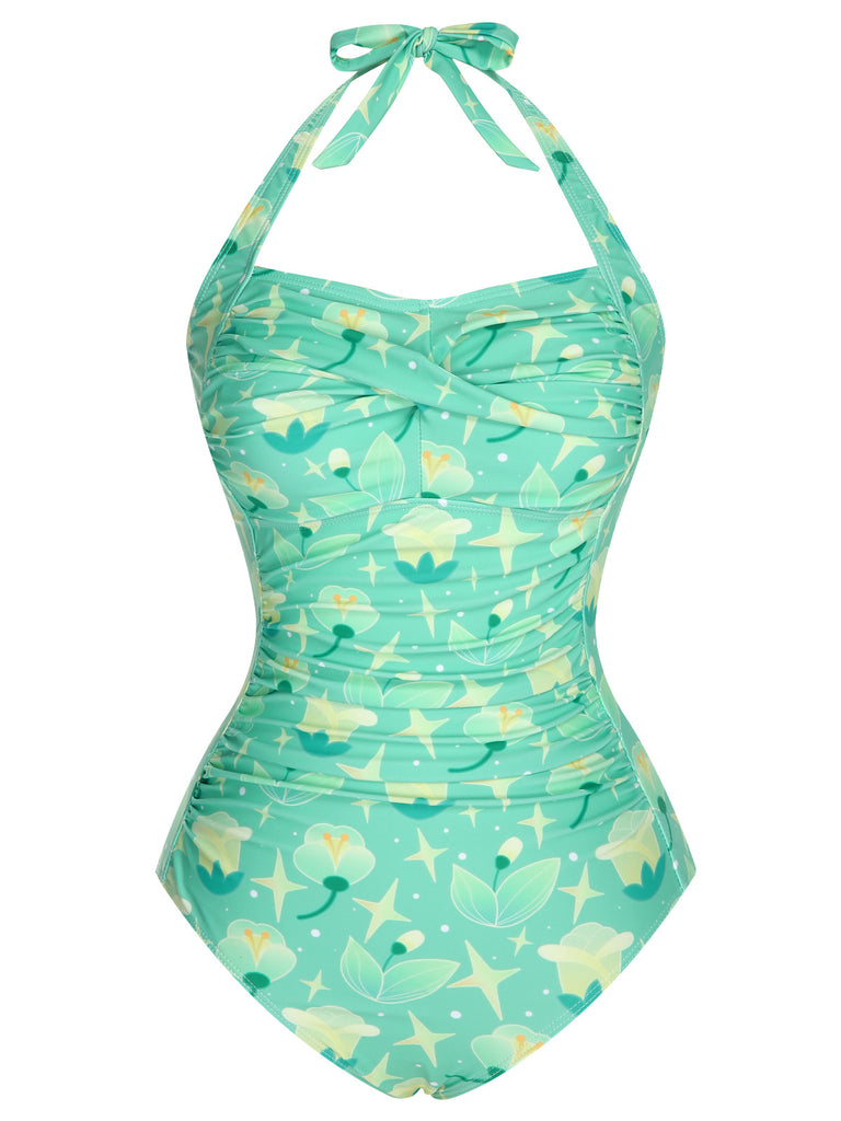 Green 1930s Halter Plants Print One-Piece Swimsuit