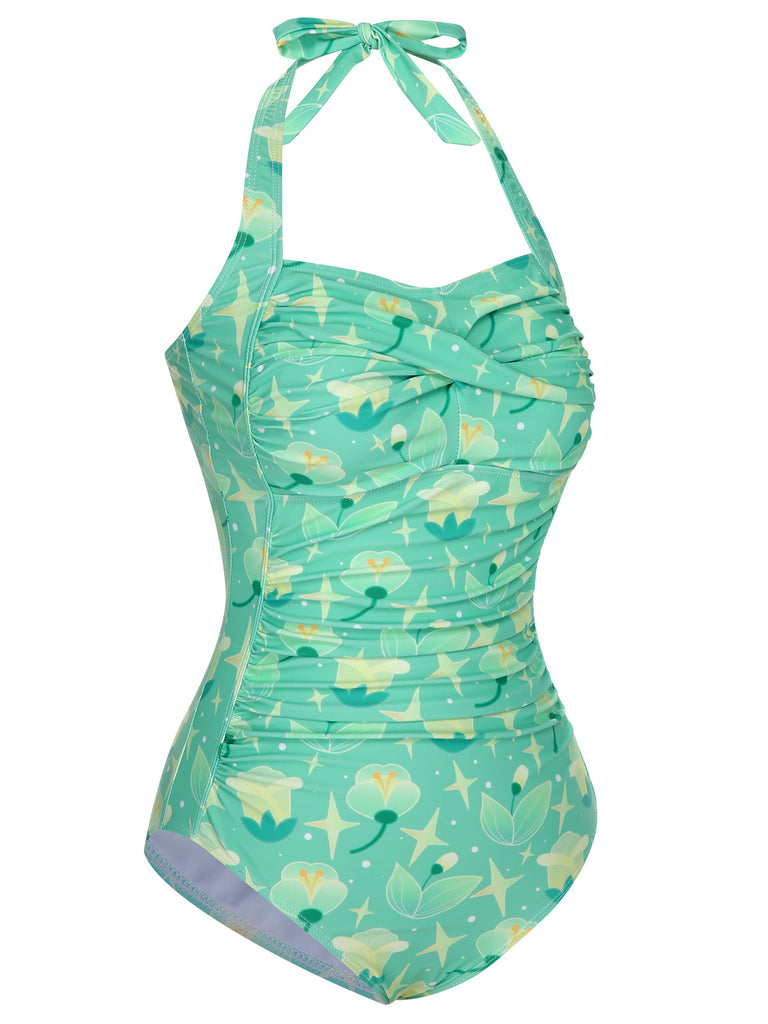 Green 1930s Halter Plants Print One-Piece Swimsuit