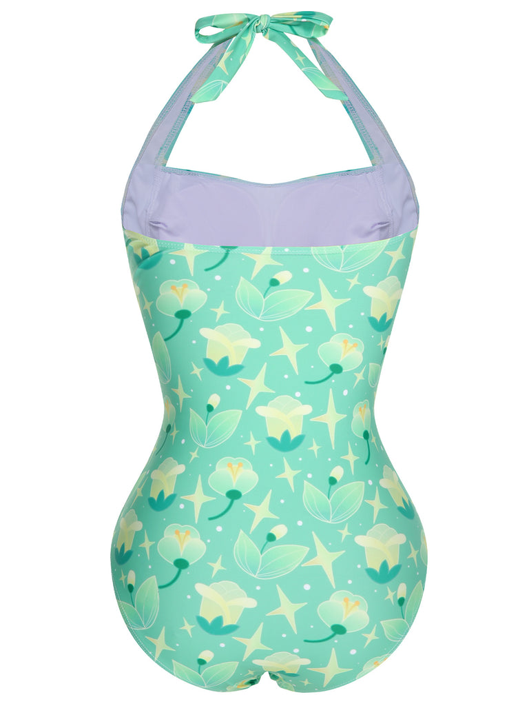 Green 1930s Halter Plants Print One-Piece Swimsuit