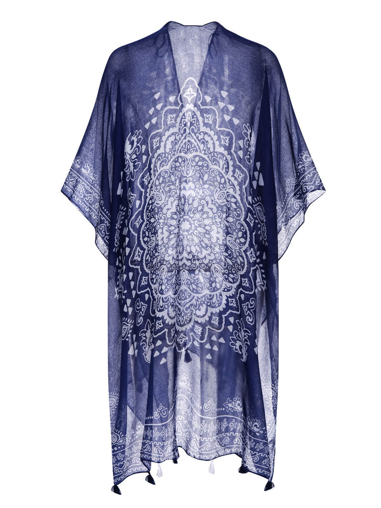 Deep Blue 1960s Mandala Shawl Cover-up