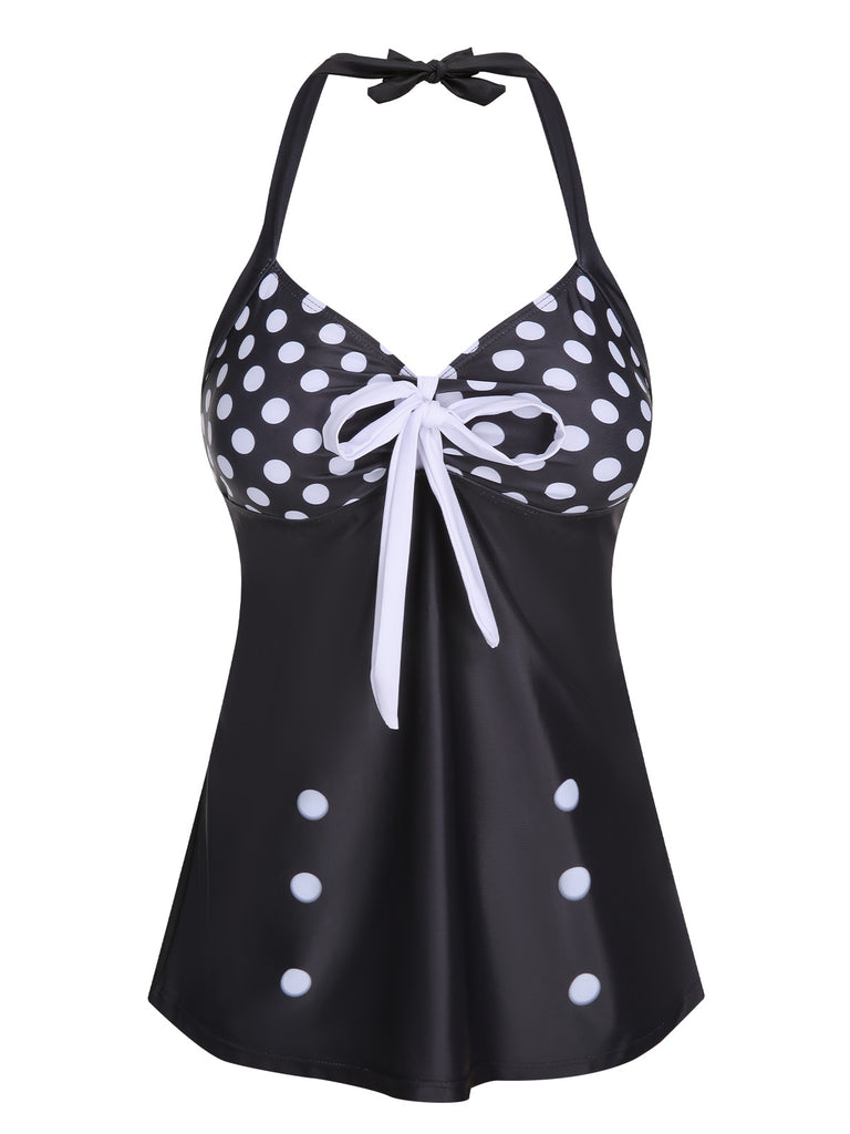 Black 1930s Halter Polka Dots Bow Swimsuit