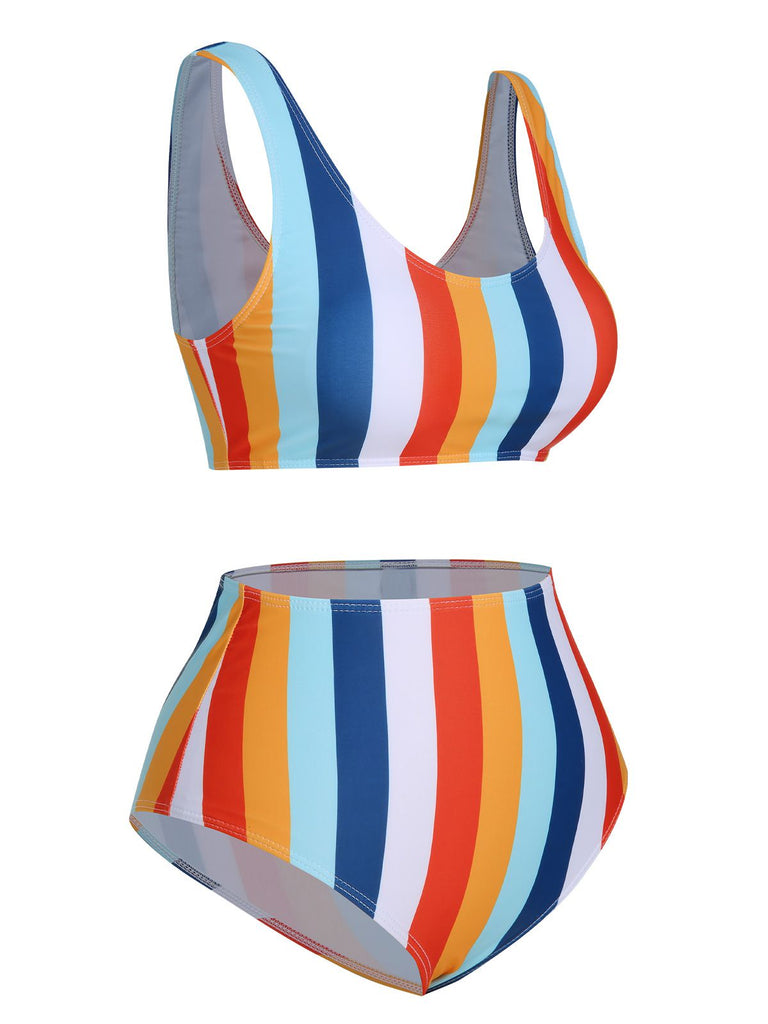 1930s Scoop Neck Rainbow Striped Swimsuit Set
