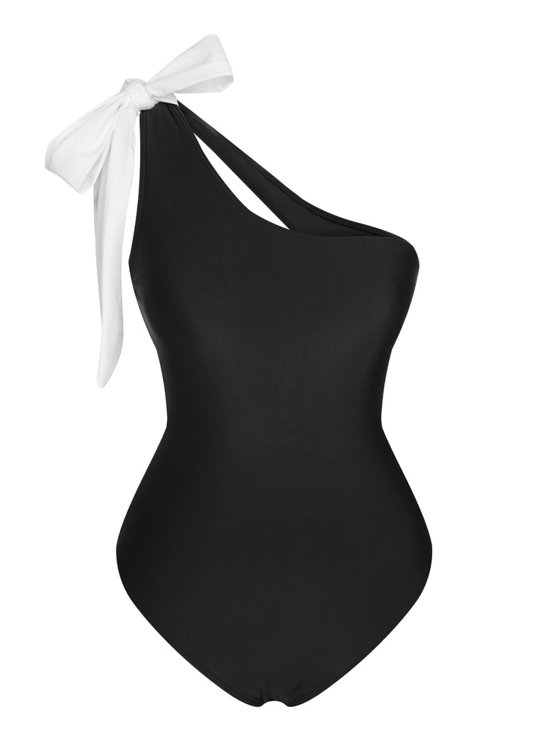Black 1960s Solid Shoulder Tie One-Piece Swimsuit