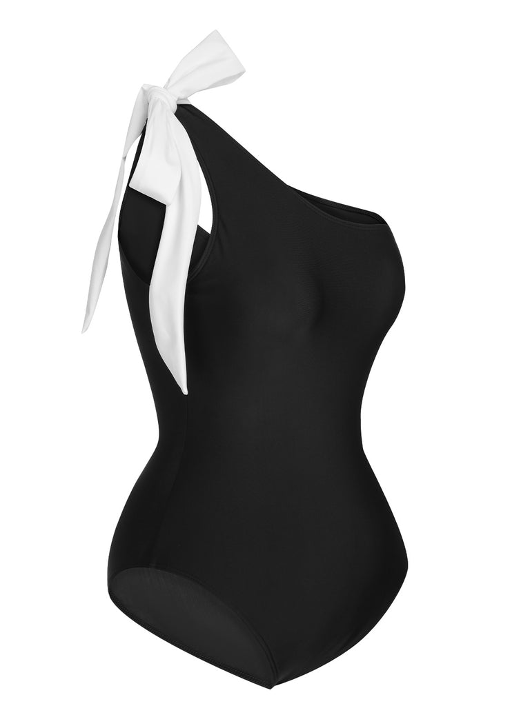 Black 1960s Solid Shoulder Tie One-Piece Swimsuit