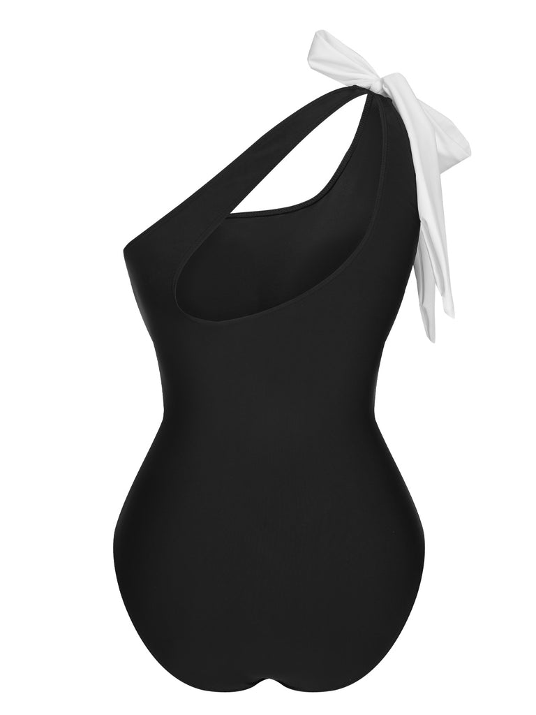 Black 1960s Solid Shoulder Tie One-Piece Swimsuit