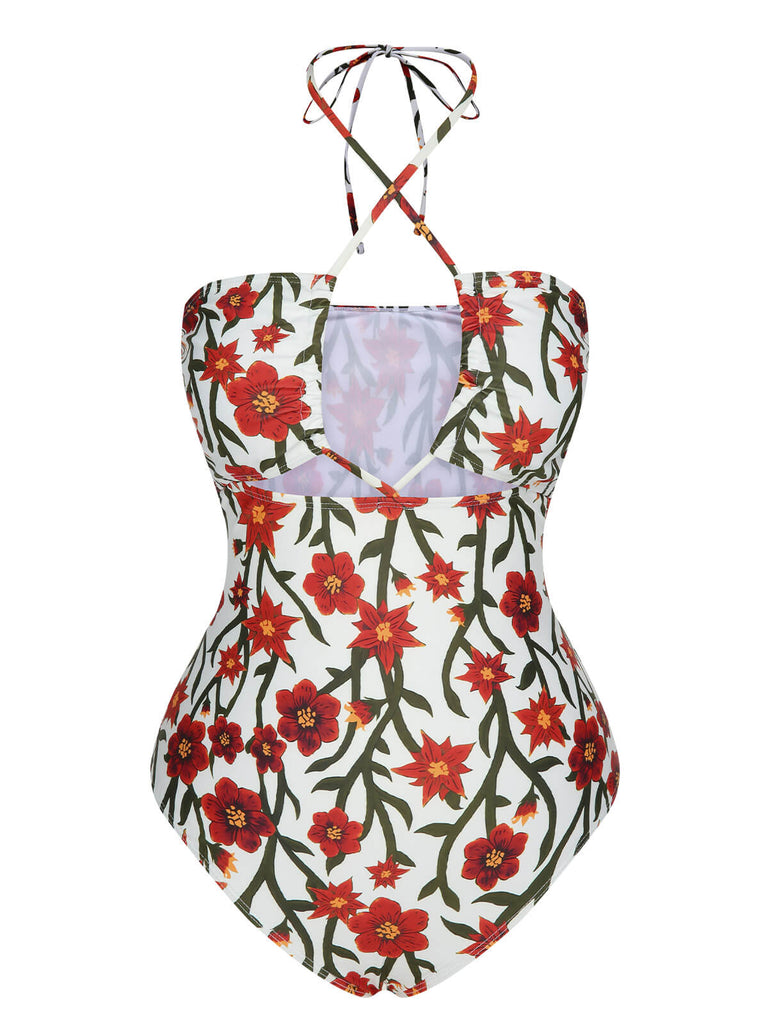 1960s Front Hollow Floral Halter Swimsuit