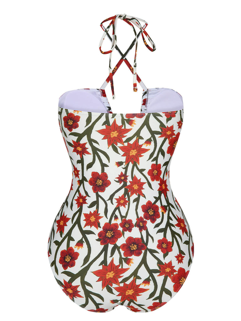 1960s Front Hollow Floral Halter Swimsuit