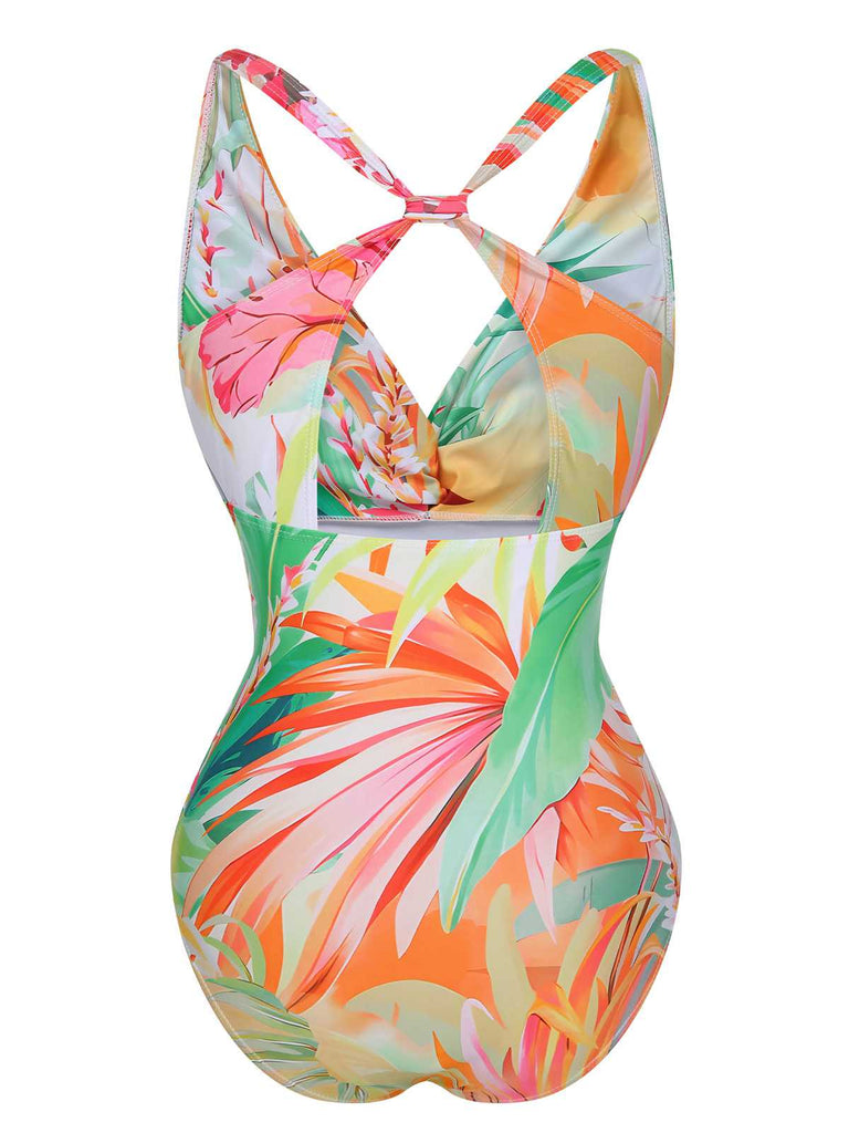 Multicolor 1960s Plants Print One-Piece Swimsuit