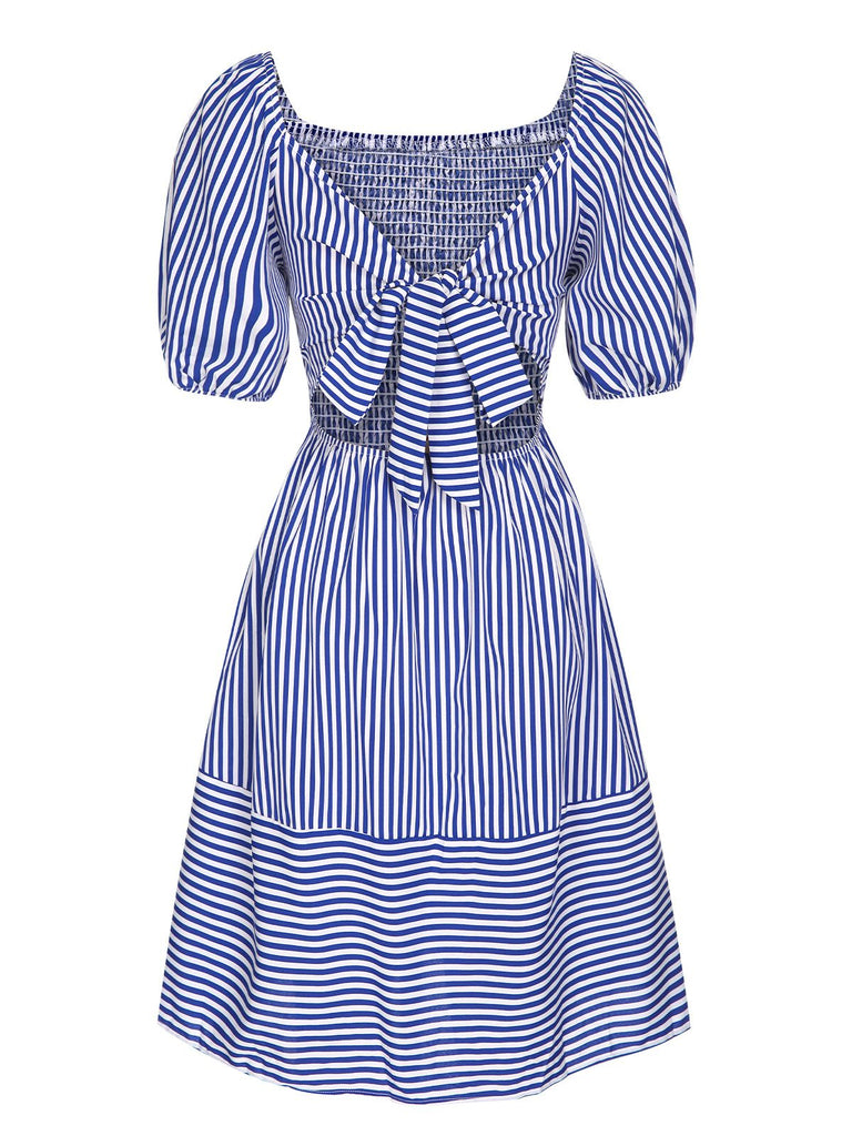 Blue 1950s Striped Raglan Square Neck Smocked Dress