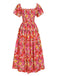 Red 1940s Flower Print Square Neck Tiered Dress