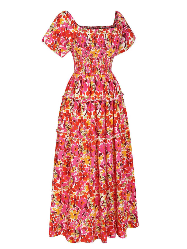 Red 1940s Flower Print Square Neck Tiered Dress