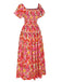 Red 1940s Flower Print Square Neck Tiered Dress