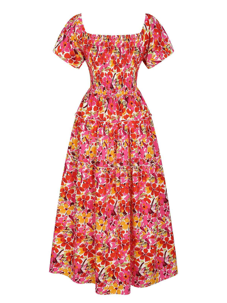 Red 1940s Flower Print Square Neck Tiered Dress