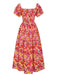 Red 1940s Flower Print Square Neck Tiered Dress