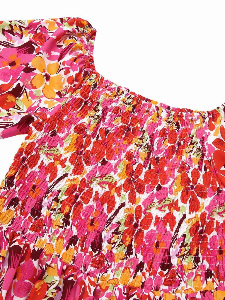 Red 1940s Flower Print Square Neck Tiered Dress