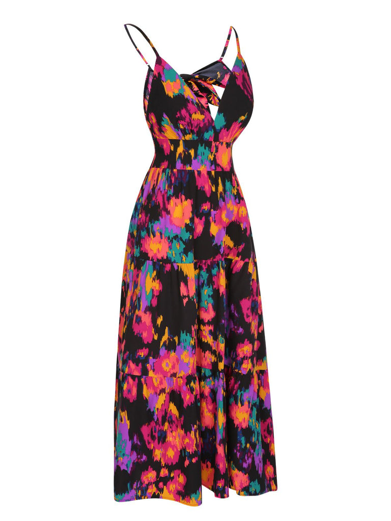 Multicolor 1970s Abstract Floral A-line Strap Dress