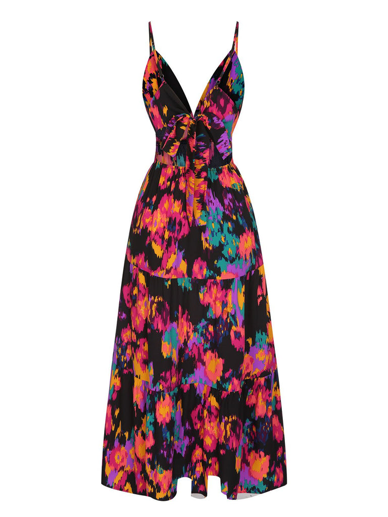Multicolor 1970s Abstract Floral A-line Strap Dress