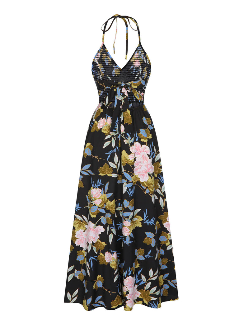 Multicolor 1940s Smocked Halter Floral Dress