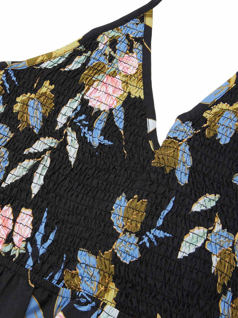 Multicolor 1940s Smocked Halter Floral Dress