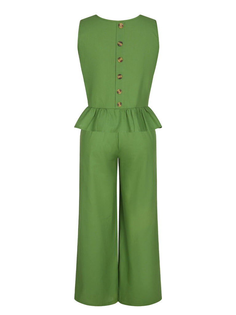 2PCS Green 1960s Ruffled Hem Top & Cropped Pants