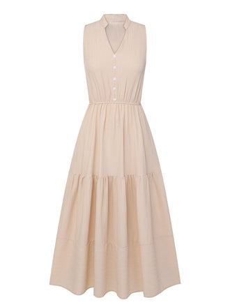 Beige 1940s Solid Stand Collar V-Neck Dress