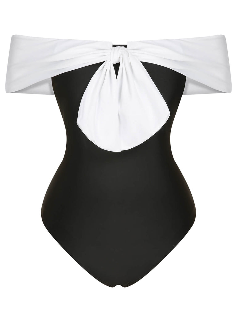 Black White 1960s Bow Off-Shoulder Swimsuit