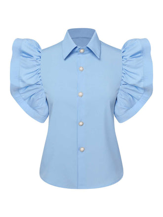 Blue 1950s Lapel Ruffles Sleeve Solid Blouse