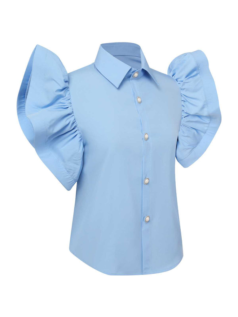 Blue 1950s Lapel Ruffles Sleeve Solid Blouse | Retro Stage
