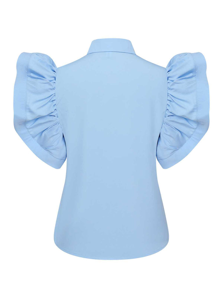 Blue 1950s Lapel Ruffles Sleeve Solid Blouse
