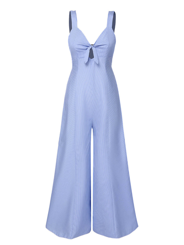 Blue 1930s Stripe Cutout Wide Strap Jumpsuit