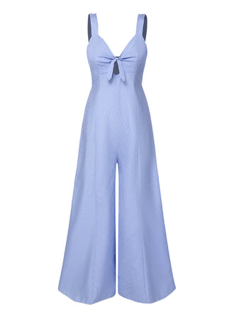 Blue 1930s Stripe Cutout Wide Strap Jumpsuit