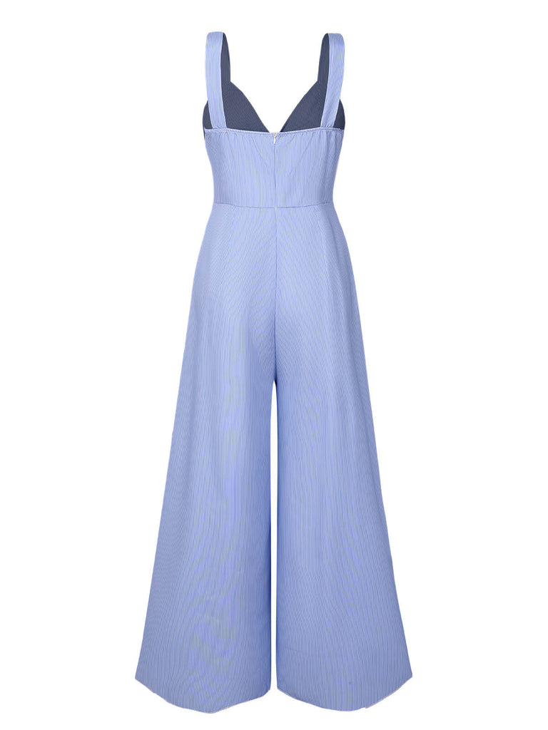 Blue 1930s Stripe Cutout Wide Strap Jumpsuit