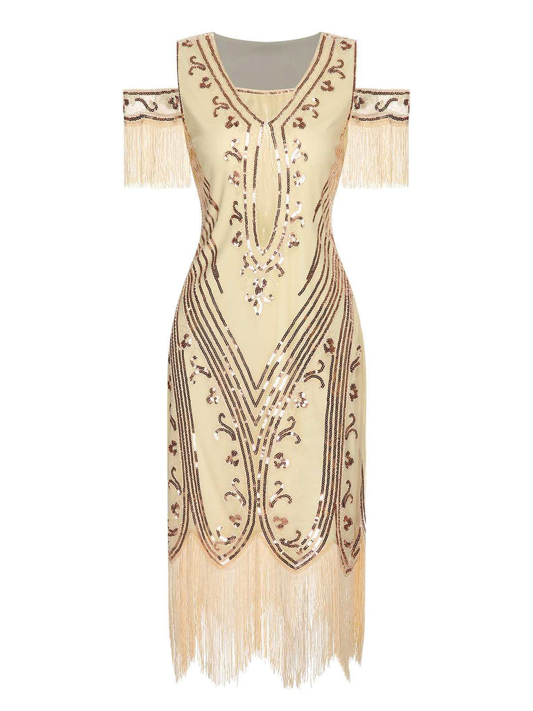 1920s Cold Shoulder Embroidered Fringe Sequins Dress