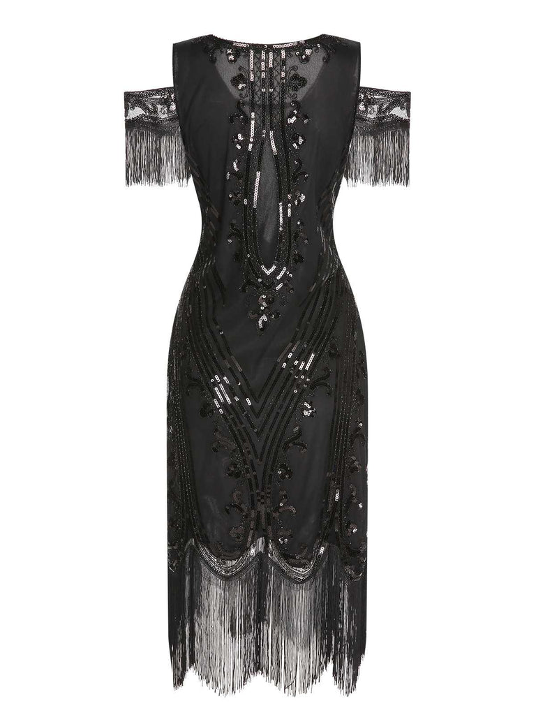 1920s Cold Shoulder Embroidered Fringe Sequins Dress