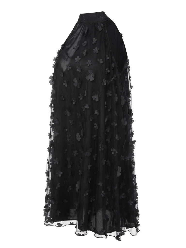 Black 1960s 3D Flowers Mesh Turtleneck Sleeveless Dress