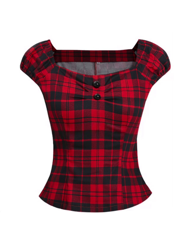Red 1950s Square Neck Plaid Tops