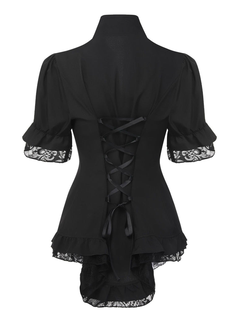 Black 1930s V-Neck Lace Victorian Blouse