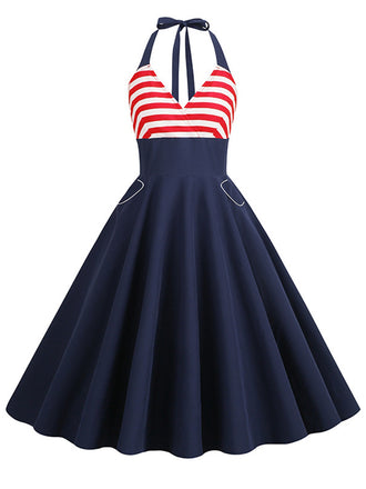 Dark Blue 1950s Red & White Stripes Halter Dress