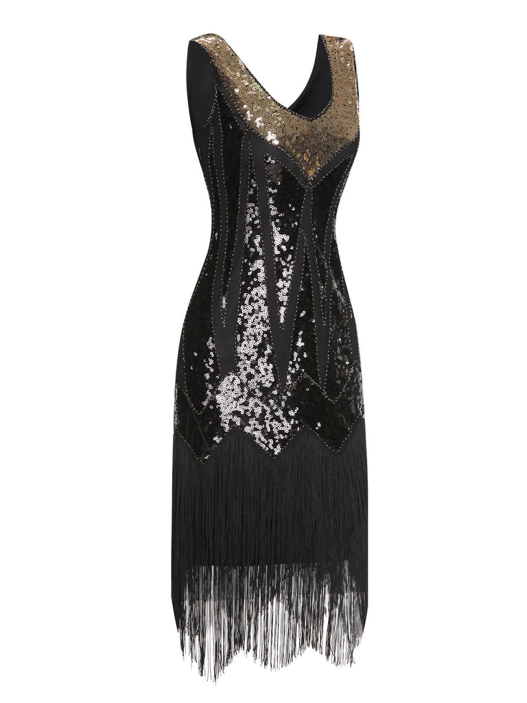 1920s Sequined Tassel V-Neck Dress