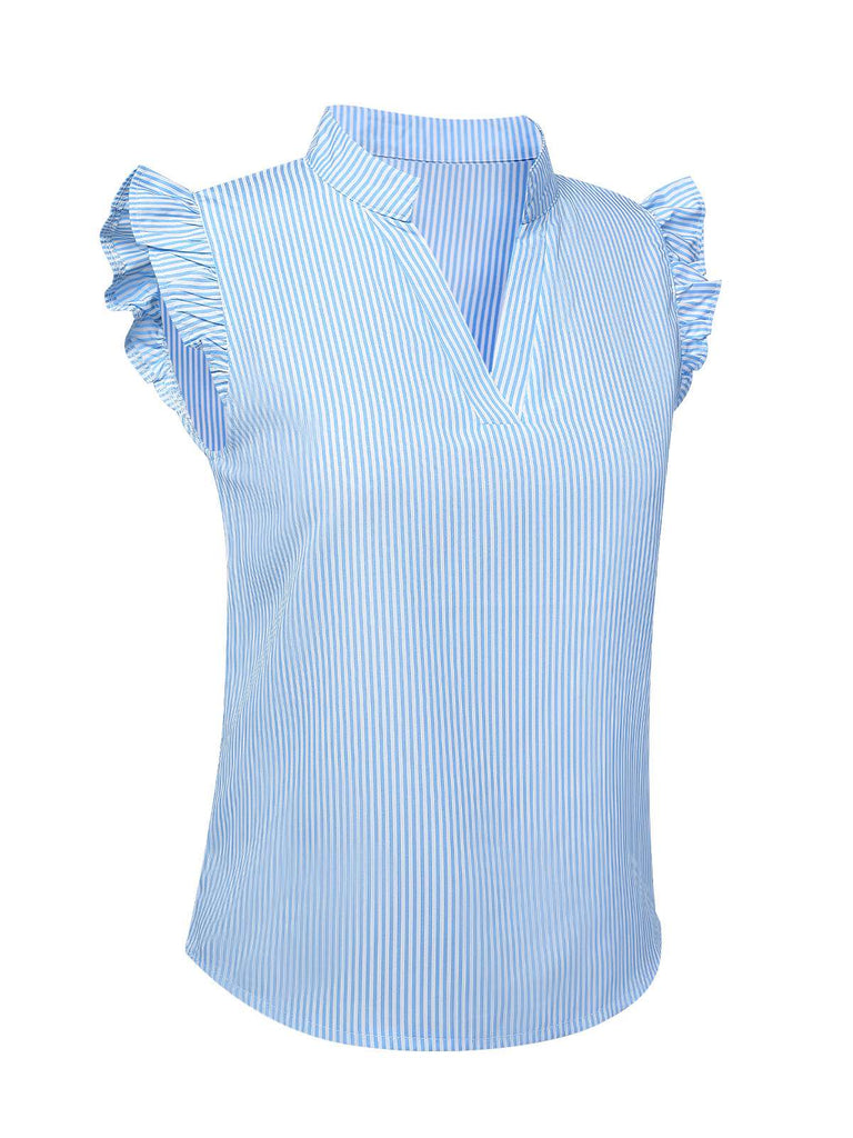 Blue 1950s Stand Collar Ruffle Sleeve Striped Blouse