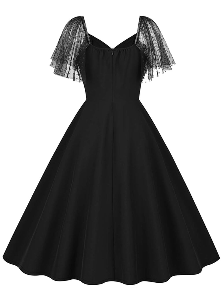 1950s Solid Dots Mesh Sleeve V-Neck Dress