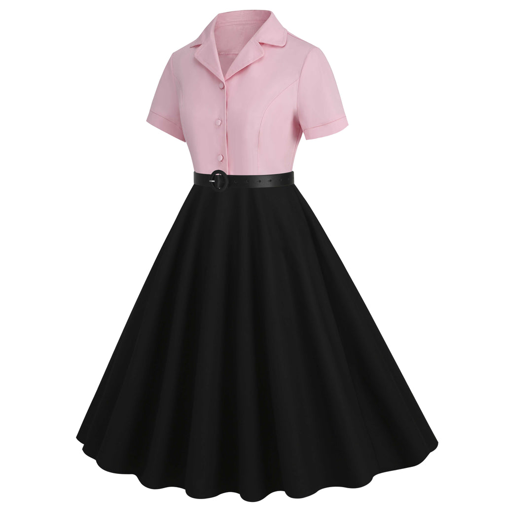 1950s Lapel Contrast Belted Dress