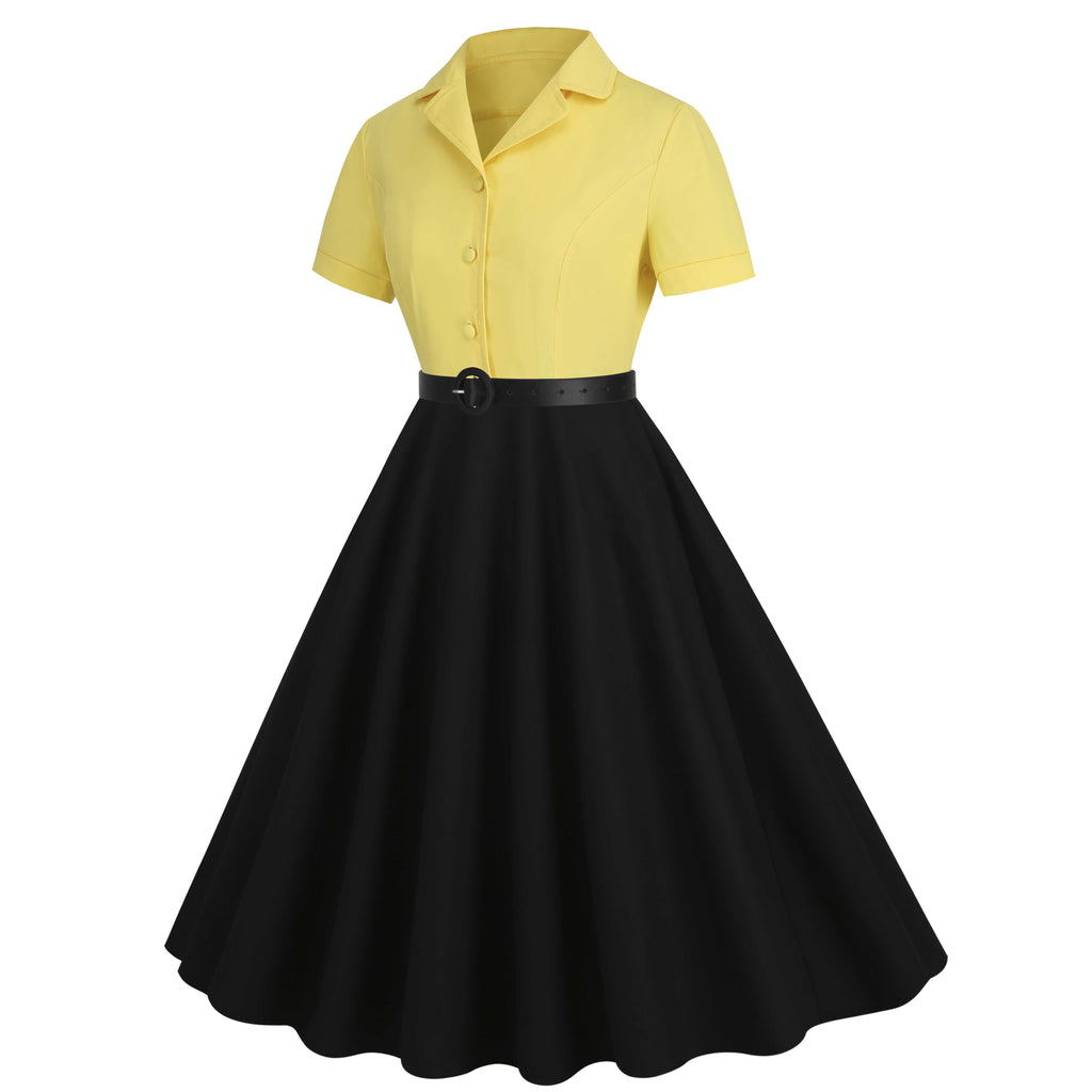 1950s Lapel Contrast Belted Dress