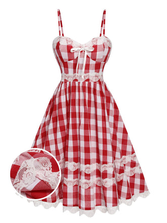 Red 1950s Plaid Lace Bow Strap Dress
