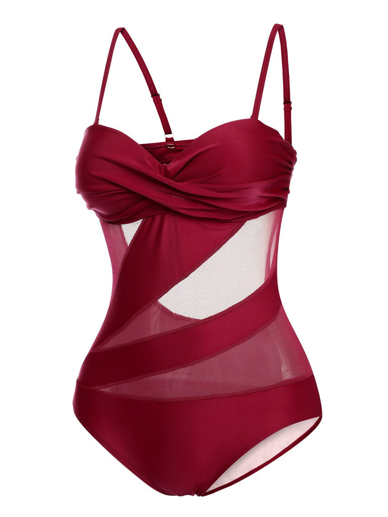 1950s Solid Semi-Sheer Back Tie Swimsuit