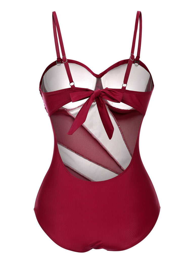 1950s Solid Semi-Sheer Back Tie Swimsuit