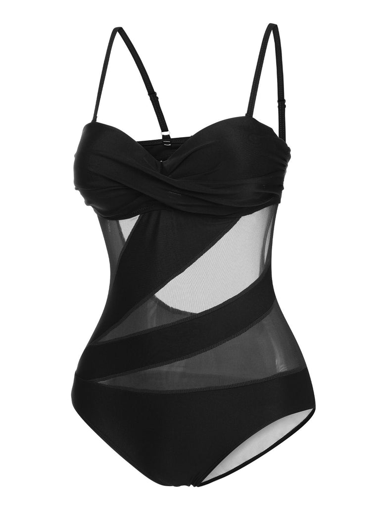 1950s Solid Semi-Sheer Back Tie Swimsuit